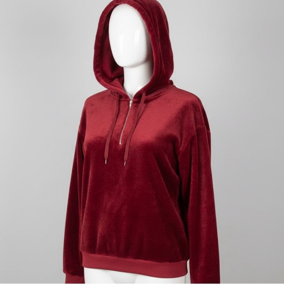 Sweaters - Plush Red Half-Zip Hoodie Sweater Women’s Size Large – Soft Fuzzy Pullover
